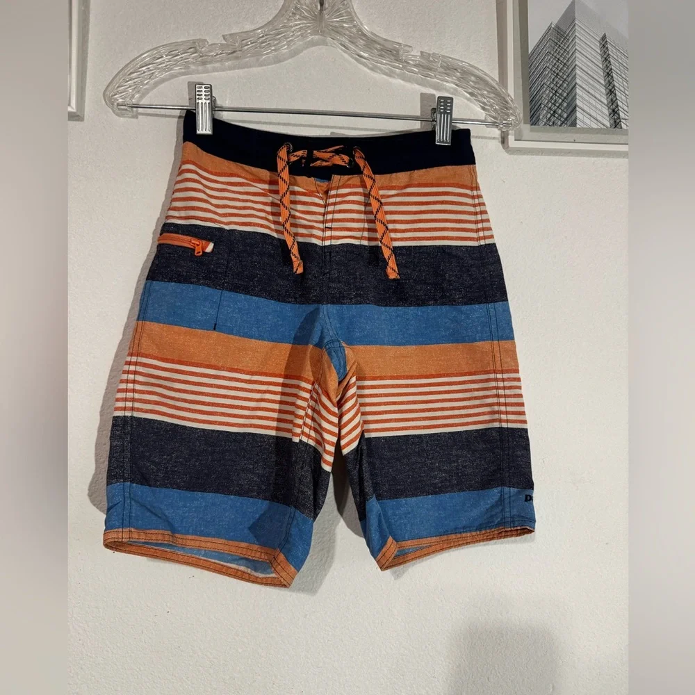 Patagonia Boys Size 8 Swim Trunks Board shorts Orange/ Blue Striped wavefarer